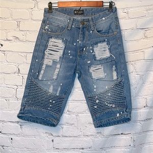 Black Premium Stonewashed Distressed Long Blue Jean Shorts Jorts Men’s Size 28